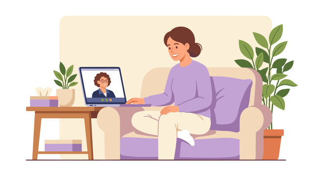 Woman on comfortable couch talking on laptop during video call, online meeting, work from home
