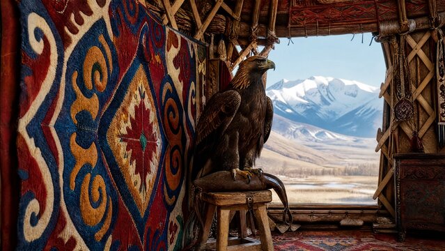 yurt. Colorful felt shyrdak rug on yurt lattice, golden eagle on glove, Central Asian nomadic concept. event programs, museum guides, designed for cultural heritage projects and event programs.