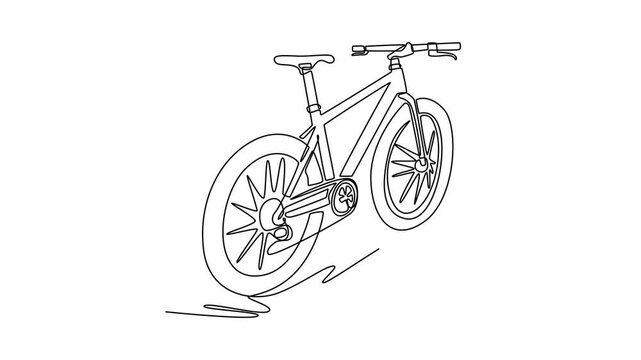 Animated self drawing of continuous line draw road racing bicycle from side view, outlining thin aerodynamic frame structure, drop handlebars, and wire spoke wheels. Full length single line animation