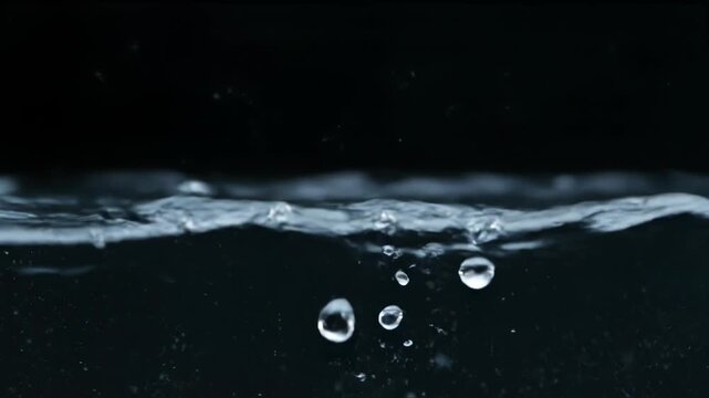 Macro view of clear water splash forming a crown shape and underwater bubble on a black background. High-speed liquid impact showing detailed droplets and surface ripple texture.