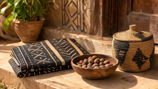 shea. Mud cloth fabric with shea nuts and woven basket, West African craft and natural decor. event programs, museum guides, designed for cultural heritage projects and event programs.