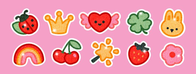 Naklejka na ściany i meble Vector set of kawaii glitter stickers with ladybug, rainbow, cherry, flower, clover, crown, heart and cute bunny. Sparkly patch elements for kids, planner, scrapbook and Y2K design.