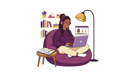 Fototapeta premium A pixel art illustration of a woman working or studying from home, comfortably seated on a bean bag chair with a laptop, wearing headphones, surrounded by a bookshelf and a lamp, depicting remote