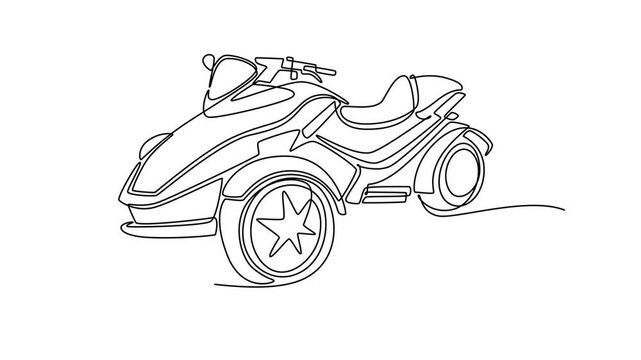 Animated self drawing of continuous line draw premium three-wheeled maxi scooter from side view art. The innovative dual front suspension and spacious passenger seating. Full length one line animation