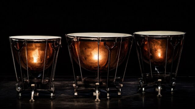 timpani. Three timpani drums with polished copper bowls reflecting light on a dark stage. event programs, museum guides, designed for cultural heritage projects and event programs.