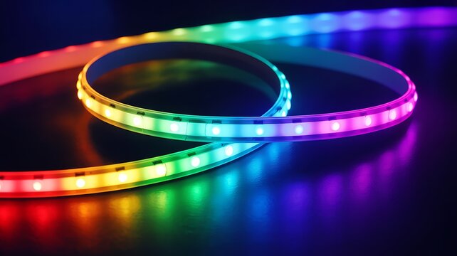 Colorful LED Light Strips Glowing on Dark Surface