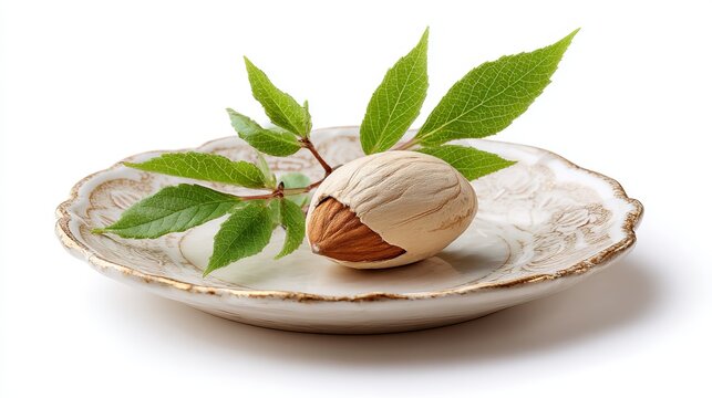 Single raw almond nut with fresh green leaves sitting delicately on an elegant vintage plate against a white background surface