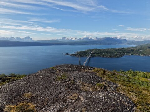 Brige on fjord with mountains 