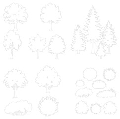 Fototapeta premium Minimalist tree outline icons set, thin line forest plant symbols, botanical vector collection for landscape design and architectural site plans