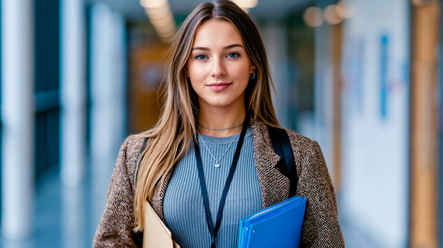 A young woman with long blonde hair wearing a blue striped shirt and a brown blazer is smiling and holding a blue binder and a beige folder