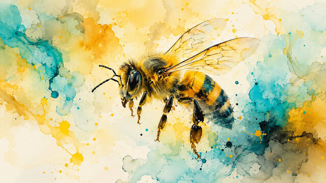 Detailed honey bee illustration over yellow and turquoise watercolor splashes, symbolizing pollination, nature, ecology, and spring.