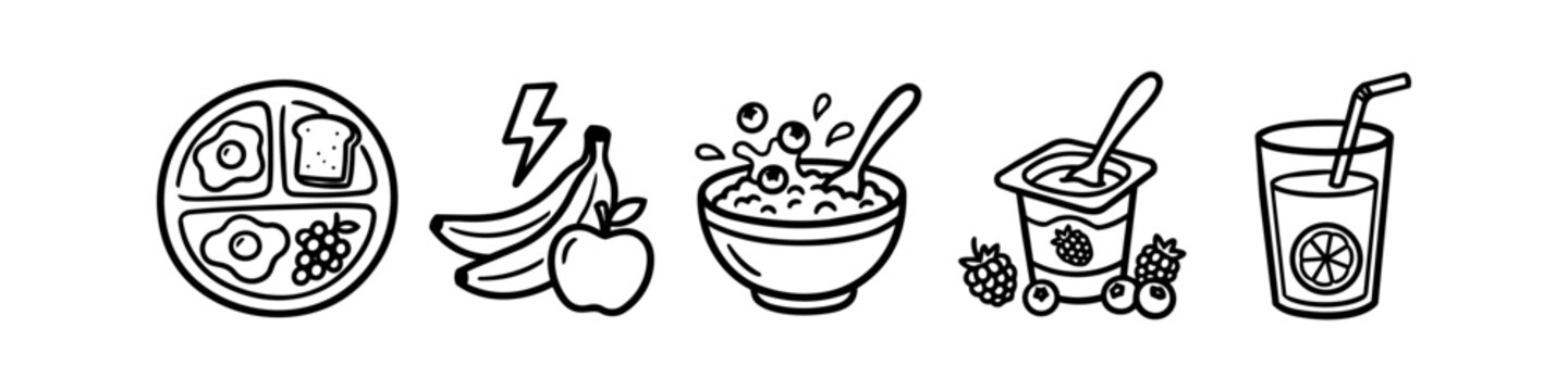 Minimalist line art icons of healthy breakfast items like eggs, fruit, cereal, yogurt, and juice. Simple black and white vector illustration.