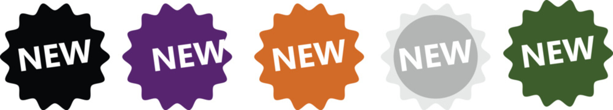 New product labels set with colorful starburst shapes and slanted text for marketing promo.