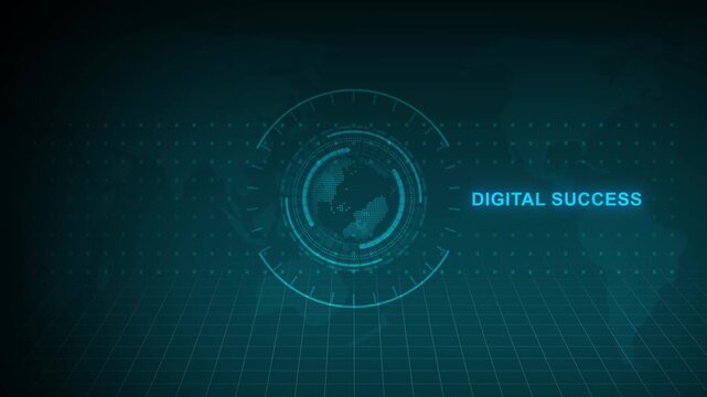 Dynamic digital success futuristic globe hologram animation abstract technological background with blue grid and motion graphics for business strategy.