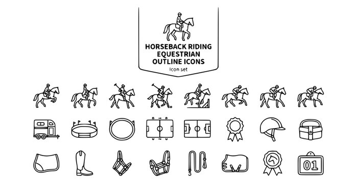 Horseback Riding Equestrian Events Outline Icon Set Show Jumping Dressage Polo Eventing Racing Jockey Horse Trailer Show Ring Arena Polo Field Rosette Helmet Grooming Kit Riding Boot 20 Icons Editable