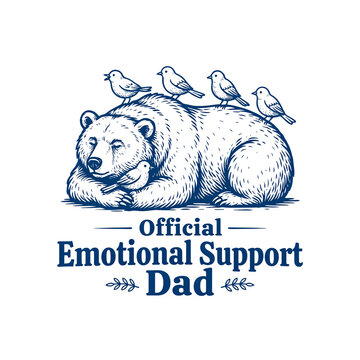 
A blue ink illustration of a large, sleeping bear with five small birds perched on its back and one nestled in its paws