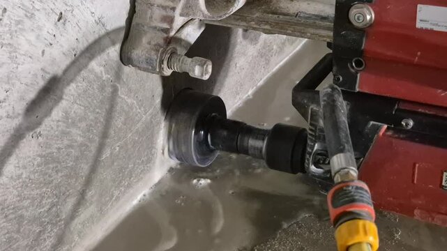 Worker operating a heavy-duty diamond core drill machine in a dark basement level. Professional concrete drilling process in a cellar.