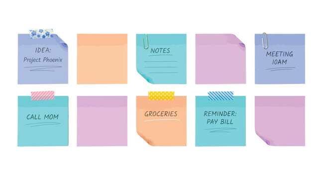 Colorful vector illustration of various adhesive memo notes featuring handwritten text and decorative tape elements