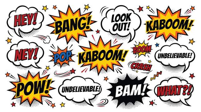 Colorful comic speech bubble vector illustration featuring explosive sound effects and vibrant pop art lettering design
