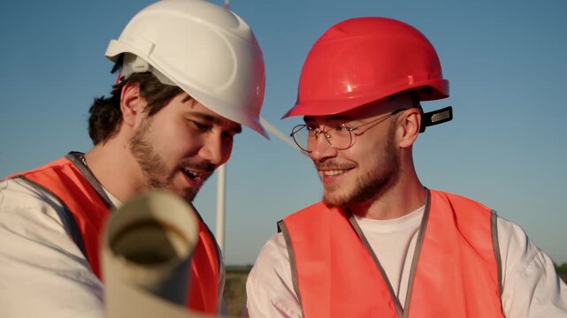 Senior engineers at wind farm confirm successful commissioning wind turbines. White helmet engineer and red helmet engineer hold project papers shake hands and show satisfaction after completion clean