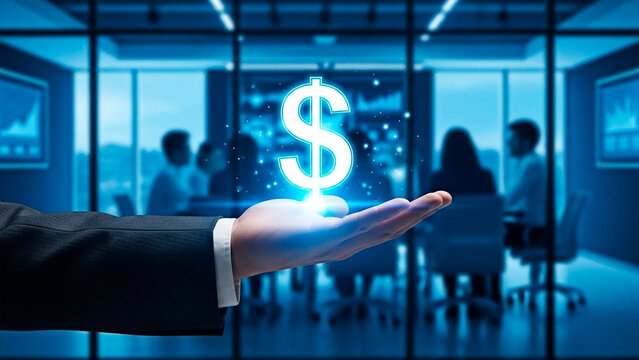 A hand holding a glowing dollar sign with people in a conference room for the concept of finance and business.