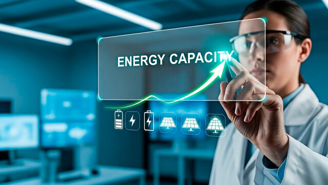 A scientist touches a digital screen showing the concept of energy capacity and renewable energy.