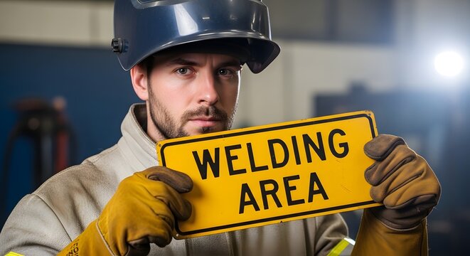 A welder holding a Welding Area sign in a workshop for the concept of industrial labor and safety.