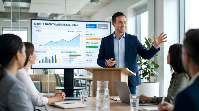 Business Leader Presents Market Growth Analysis to Colleagues in Modern Office
