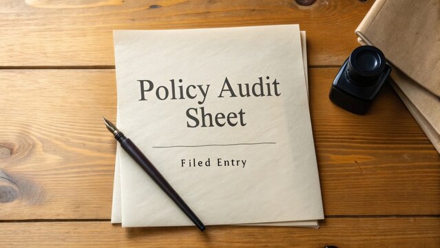Detailed Policy Audit Sheet on Wooden Table with Pen and Ink Pot for Professional Documentation and Record Keeping