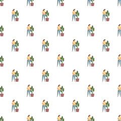 Naklejka premium Woman standing next to a potted plant, holding a watering can in a seamless tile pattern