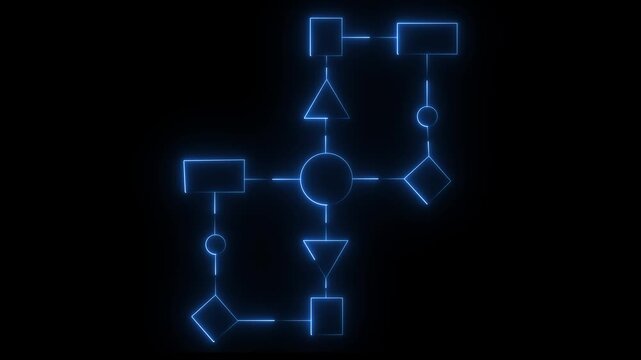 Business process and workflow automation with flowchart. Business and technology concept. Visualizes step-by-step progression through a procedure or system on black background.