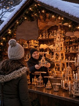 Verk&auml;ufer pr&auml;sentiert eine erzgebirgische Weihnachtspyramide auf festlich dekoriertem Weihnachtsmarkt. Traditionelle deutsche Weihnachten mit regionaler Handwerkskunst.