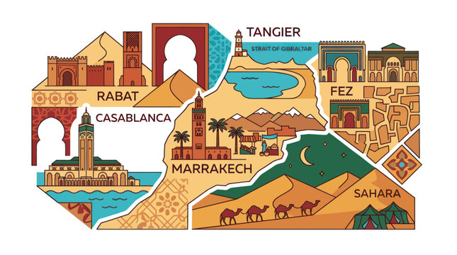 Morocco Travel Map Illustration: Cities, Landmarks, Sahara Desert, Architecture