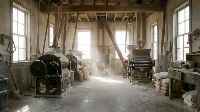 Machinery covered with tarps in dusty workshop, suggesting halted production and industrial downtime.