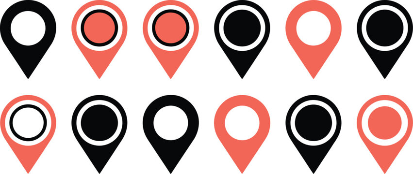 Location pin icon set, map pointer GPS navigation marker silhouettes for location tracking mapping applications and travel direction graphics.