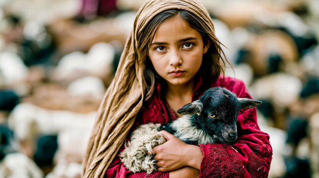 A young girl in a red dress holds a black and white lamb