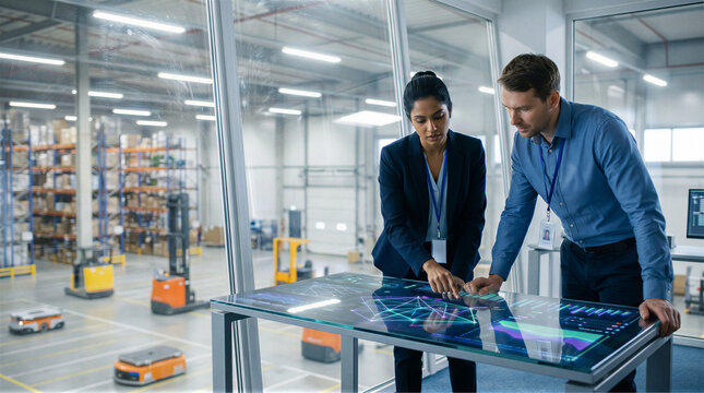 Logistics experts analyzing supply chain data in modern smart warehouse control room