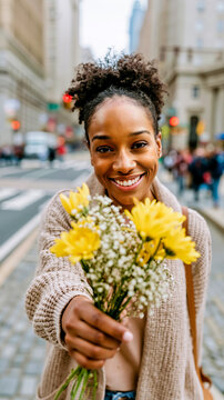 A woman with curly hair is smiling and holding a bouquet of yellow flowers