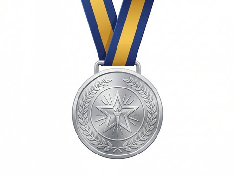 Silver Medal with Ribbon: A detailed silver medal, adorned with laurel leaves and a star emblem, hangs from a blue and yellow striped ribbon, symbolizing achievement and recognition.