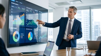 Obraz premium Business professional presenting financial data on a large screen during meeting