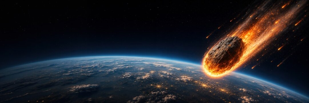 Massive asteroid entering Earth atmosphere above the planet horizon illustrating a dramatic space impact and cosmic event.