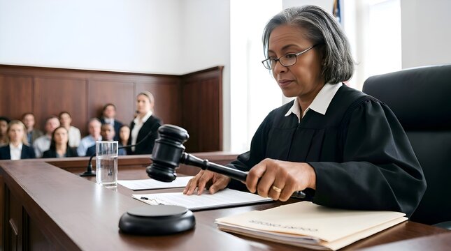 African American Judge with Gavel in Courtroom, Justice System Concept