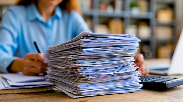A woman is sitting at a desk with a large stack of papers in front of her