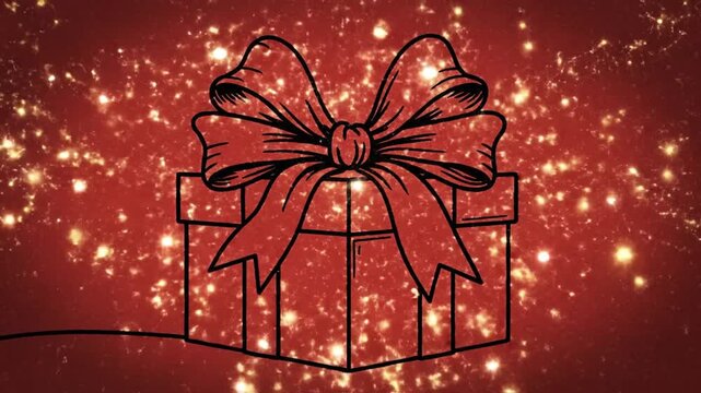 Simple gift box outline animated with bow on red background