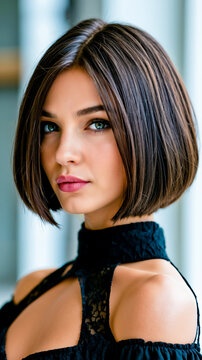 A woman with short brown hair and blue eyes wearing a black lace top