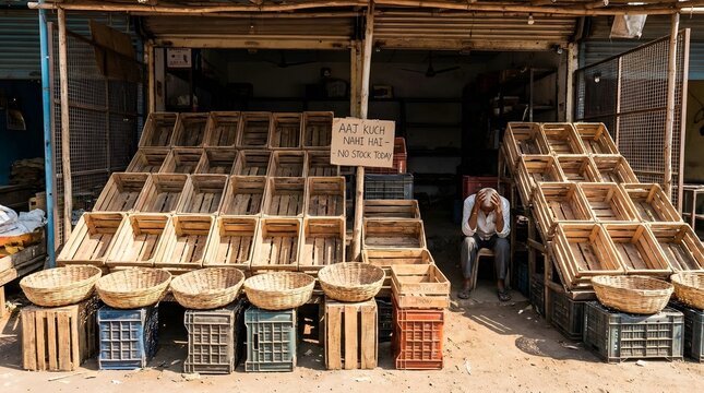 Empty market stall in front of a shop with a man sitting, head in hands, and a sign reading "aaj kuch nahi hai - no stock today" in india, reflecting economic hardship.