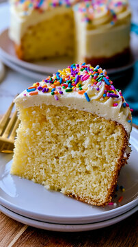 A slice of yellow cake with white frosting and sprinkles on a white plate