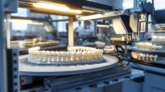 Precision CNC milling machine fabricating a custom dental arch with prosthetic teeth in a high tech digital dental laboratory