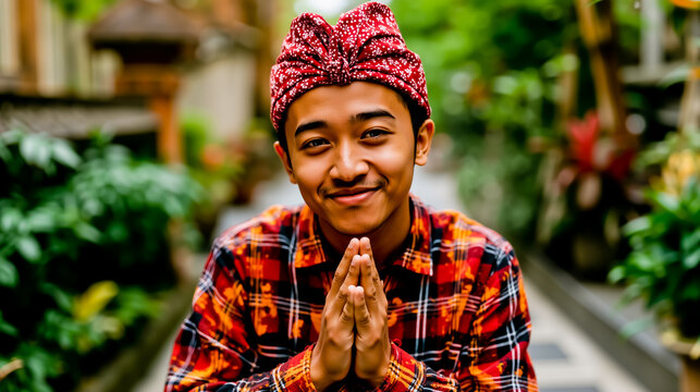 A young man with a red and white head wrap smiling at the camera