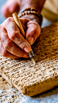 A person's hand is holding a brush with a wooden handle and a bristle head which is being used to write on a piece of paper